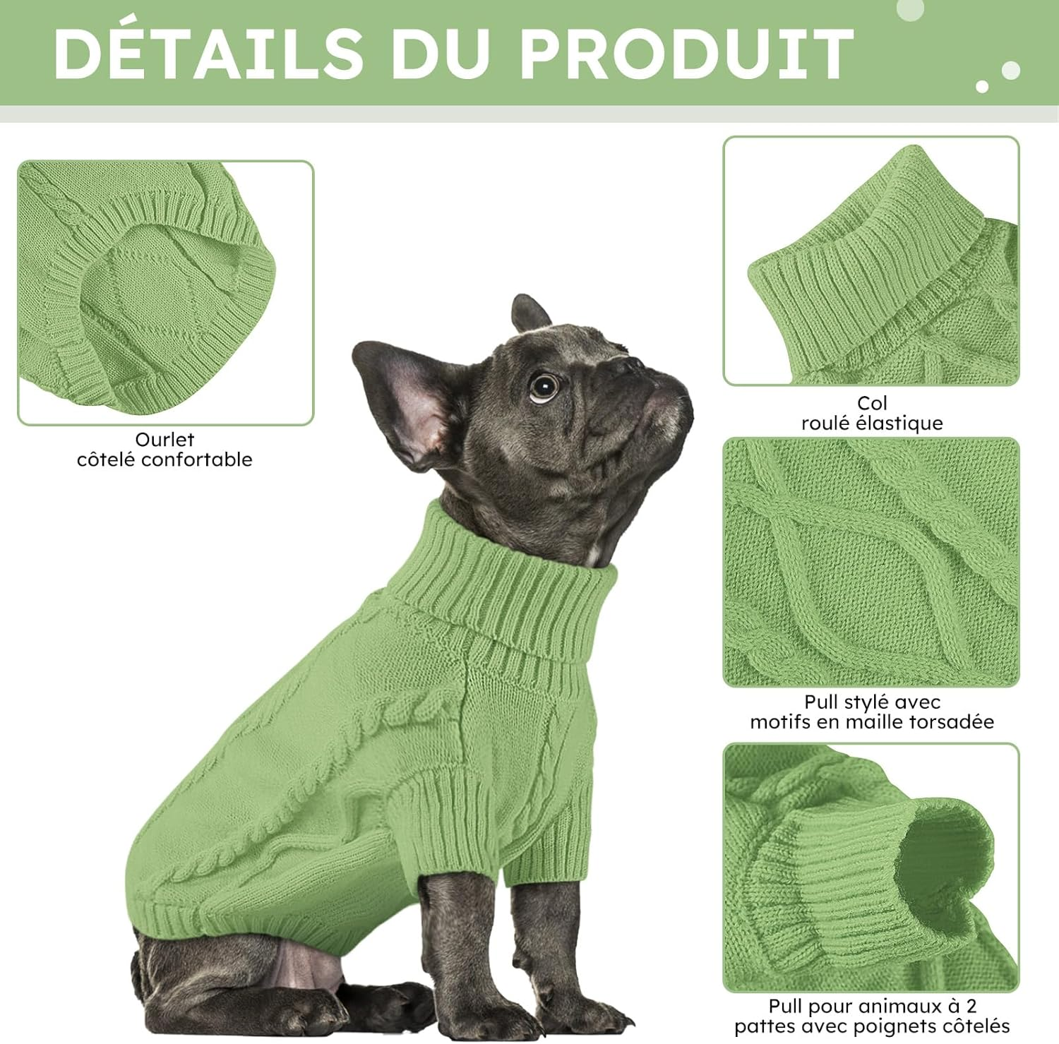 Pull Chien Moyen Bouledogue Français Chaud Pull-Overs Pour Chiens Pull Chihuahua Manteau Teckel Vetement Pour Chien Chat D'Hiver, Vert, M - Image 3