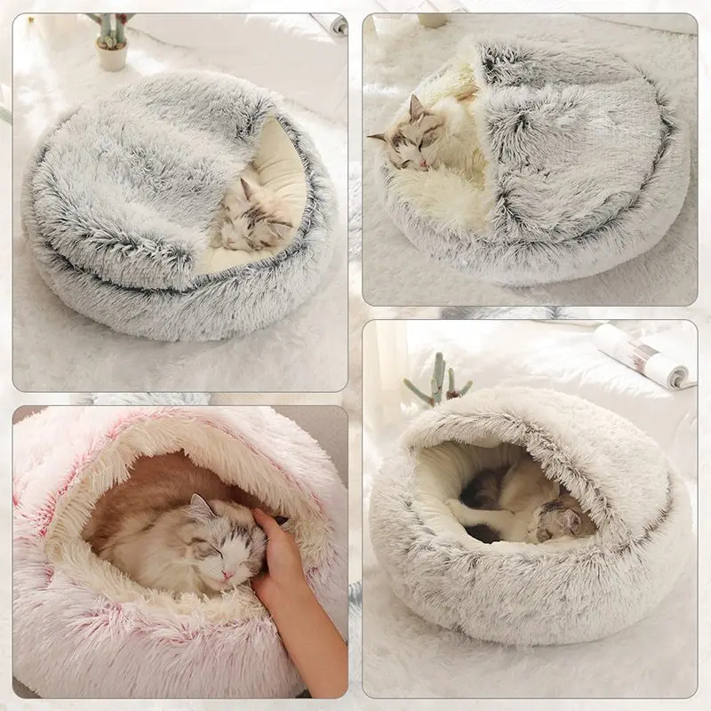 Cat Bed Pet Mattress Warm Soft Plush Pet Bed with Cover round Cat Dog Sleeping Nest Cave for Small Dogs Kitten - Image 4